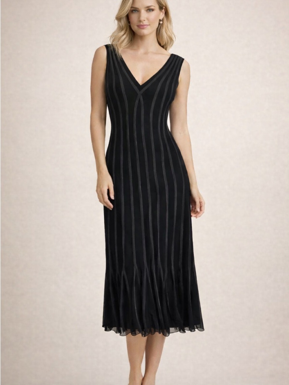 Vintage Black V-Neck Midi Dress with Vertical Paneling